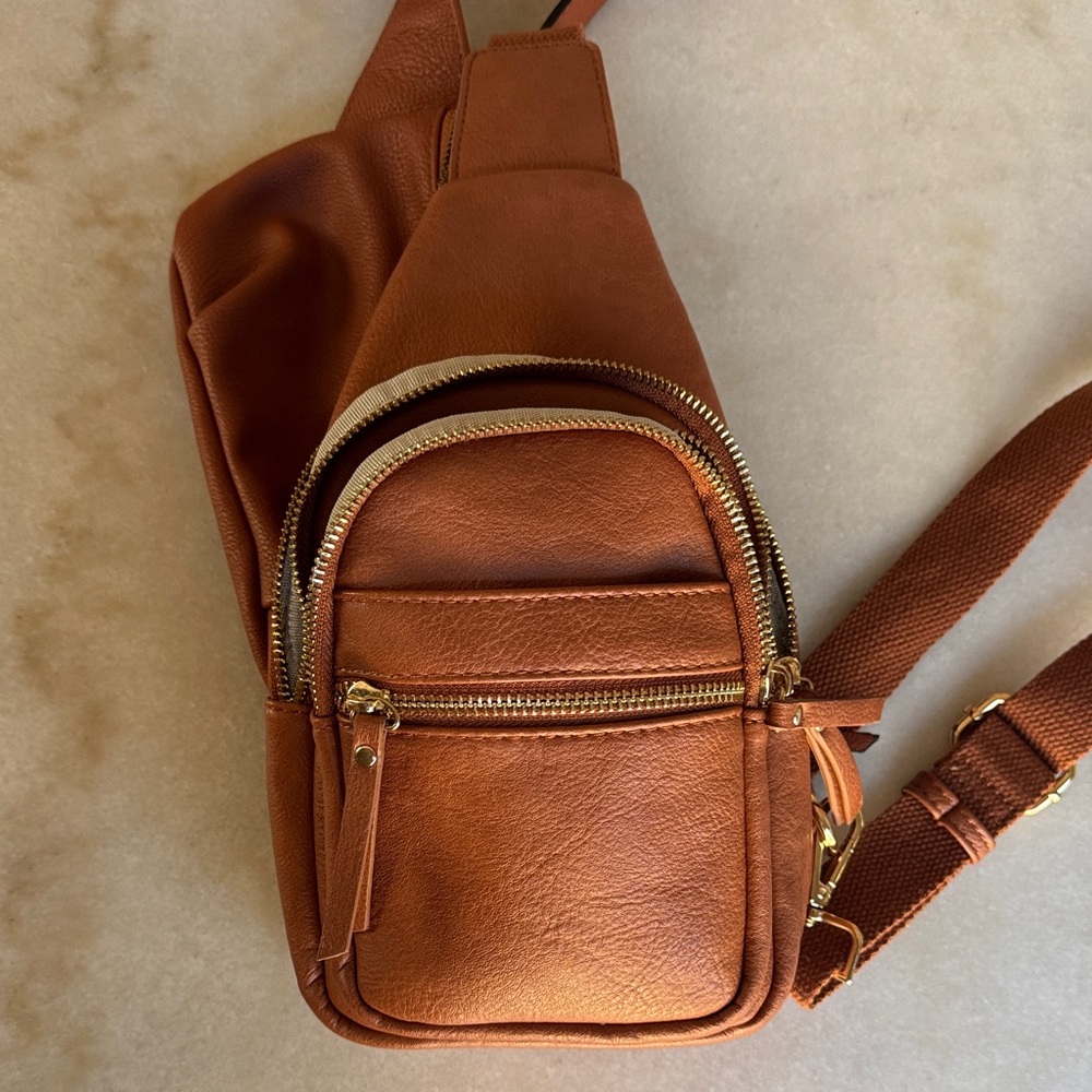 Miztique Tan Crossbody Bag with Gold Accents